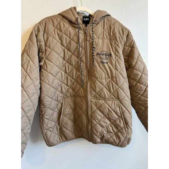 Hard Rock Cafe Bomber Puffer Jacket Men L Snow Coat Retro Ski Tan Brown Hoodie - Picture 8 of 16